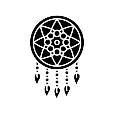 Boho stili düş kapanı siyah sembol. Kızılderili mistik sembolü. İpli, boncuklu ve tüylü bir düş kapanı. Beyaz uzayda siluet sembolü. Vektör izole illüstrasyonu