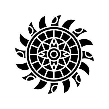 Boho tarzı daire süsleme siyah sembol. Bohem cazibesi, klasik tılsım. Simetrik etnik kalıplı yuvarlak. Beyaz uzayda siluet sembolü. Vektör izole illüstrasyonu