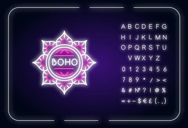 Mandala, boho çiçeği neon ışık ikonu. Bohem tarzında çiçek desenli esrarengiz bir element. Dış ışıltı etkisi. Alfabe, sayılar ve sembollerle imzala. Vektör izole edilmiş RGB renk çizimi