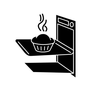 Baking black glyph icon. Delicious pastry cooking, tasty dough products preparation silhouette symbol on white space. Homemade bread in oven. Fresh baked pie, muffin cake vector isolated illustration clipart