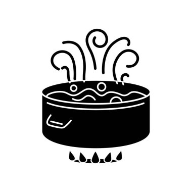 Boiling black glyph icon. Food preparation method, culinary technique, simmering, poaching silhouette symbol on white space. Cooking pot, pan with water on oven fire vector isolated illustration clipart
