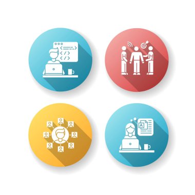 Uzak çalışma düz tasarım uzun gölge simgeleri seti. Web geliştiricisi ve halkla ilişkiler görevlisi, blogcu ve SEO uzmanı. Damgalama, blog yazma ve programlama. Siluet RGB renk çizimi