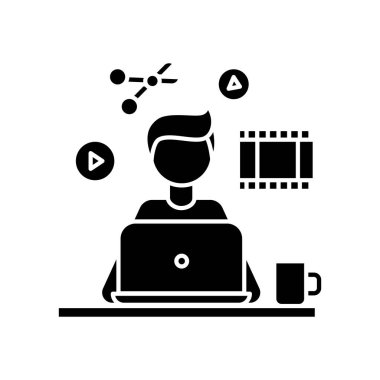 Video editörü siyah simge simgesi. Çoklu ortam içeriği oluşturma, film düzenleme. Ses ve video üretimi, medya dosyaları tasarımı. Beyaz uzayda siluet sembolü. Vektör izole illüstrasyonu