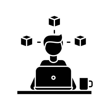 3D ve CAD sanatçısı siyah sembol. Uzaktan görüntü tasarımcısı, çizer, yaratıcı sanatçı. Üç boyutlu modelleme, prototip, sanat tasarımı. Beyaz uzayda siluet sembolü. Vektör izole illüstrasyonu