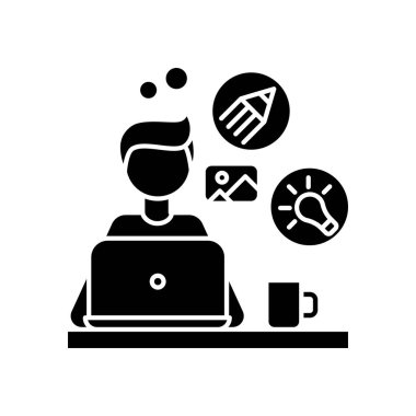 Grafik tasarımcı siyah kabartma simgesi. Uzaktan bilgisayar illüstratörü, editör, yaratıcı sanatçı. Grafik kurgu, sanat tasarımı, online proje. Beyaz uzayda siluet sembolü. Vektör izole illüstrasyonu