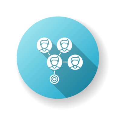 Kütle etkisi mavi düz dizayn uzun gölge simgesi. Sosyal medya bağlantısı. Ağ insanlar arasında yayıldı. Bulut üzerindeki verileri paylaş. Hedef pazarlama. Siluet RGB renk çizimi