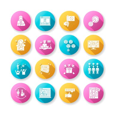 Sosyal medya tanıtımı düz tasarım uzun gölge simgeleri ayarlandı. Ürün takası. Kitle etkisi. Doğal entegrasyon. Hedef pazarlama. Yaşam tarzı blogcusu. Siluet RGB renk çizimi