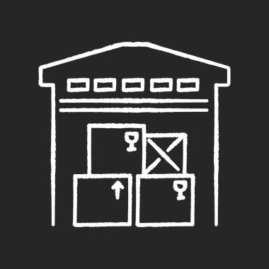 Siyah arkaplanda beyaz tebeşir ikonu depolandı. Ticari eşya deposu, depo binası, deponun dışı. Sanayi tesisleri, fabrika katı. İzole edilmiş vektör karatahta çizimi