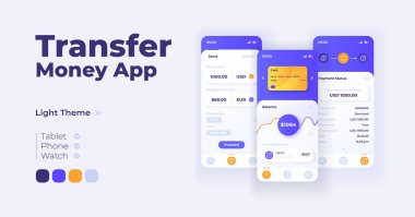 Para transferi uygulaması çizgi film akıllı telefon arayüz vektör şablonları ayarlandı. Mobil uygulama ekran sayfası gündüz modu tasarımı. Uygulama için kullanım bakiyesi ve işlem detayları. Düz karakterli telefon görüntüsü