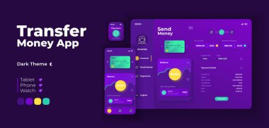Para uygulaması ekran vektörü adapte tasarım şablonunu aktar. Çevrimiçi cüzdan, internet bankası uygulaması, düz karakterli gece modu arayüzü. Hesap bilgileri akıllı telefon, tablet, akıllı saat çizgi filmi UI