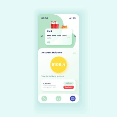Alış veriş uygulaması akıllı telefon arayüz vektör şablonu. Mobil uygulama sayfası ışık teması tasarımı düzeni. Hesap bakiyesi bilgi ekranı. Başvuru için düz UI. Para aktarım seçeneği telefon görüntüsü