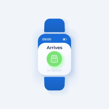 Trip hatırlatıcı akıllı arayüz vektör şablonu. Demiryolu taşımacılığı mobil uygulama bildirim günü modu tasarımı. Tren varış mesajı ekranı. Başvuru için düz UI. Akıllı saat görüntüsü