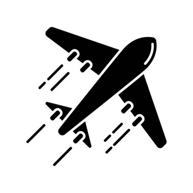 Uçak siyah kabartma simgesi. Havayolları ile uçuş. Uçağı hedefe götür. Uçakla uluslararası yolculuk. Turizm, seyahat. Beyaz uzayda siluet sembolü. Vektör izole illüstrasyonu