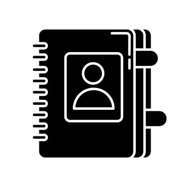 Temas kitabı siyah simge simgesi. Kişisel günlük. Yer imleriyle birlikte iş organizatörü. Defter planlıyorum. Telefon numaraları için rehber. Beyaz uzayda siluet sembolü. Vektör izole illüstrasyonu