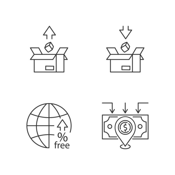 International trade, customs taxes pixel perfect linear icons set. Tariffs and foreign direct investment. Customizable thin line contour symbols. Isolated vector outline illustrations. Editable stroke
