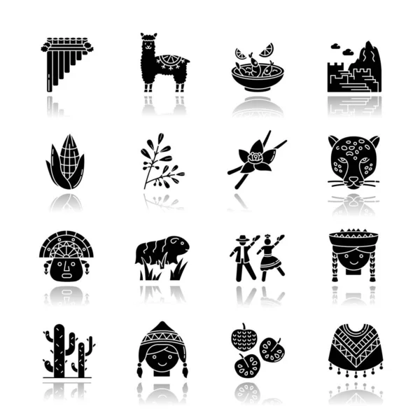 Peru Drop Shadow Black Glyph Icons Set Peruanische Sehenswürdigkeiten Kultur — Stockvektor