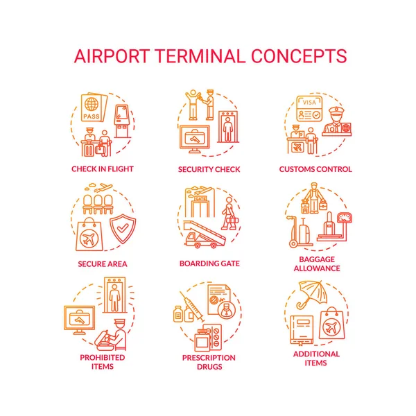 Conjunto Ícones Conceito Terminal Aeroporto Verificação Segurança Ideia Portão Embarque — Vetor de Stock