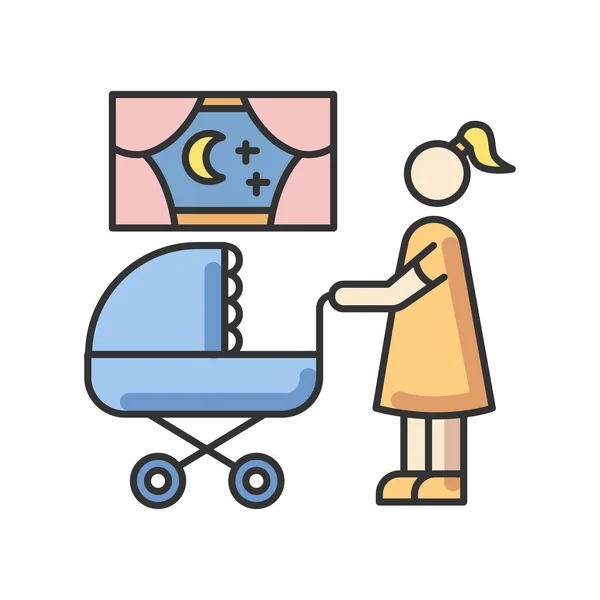 Nachtelijke Oppas Rgb Kleurenpictogram Moeder Met Baby Kinderwagen Mam Zoekt — Stockvector