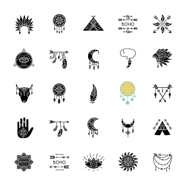 Iconos Glifo Negro Estilo Boho Establecidos Espacio Blanco Amuletos Indígenas — Vector de stock