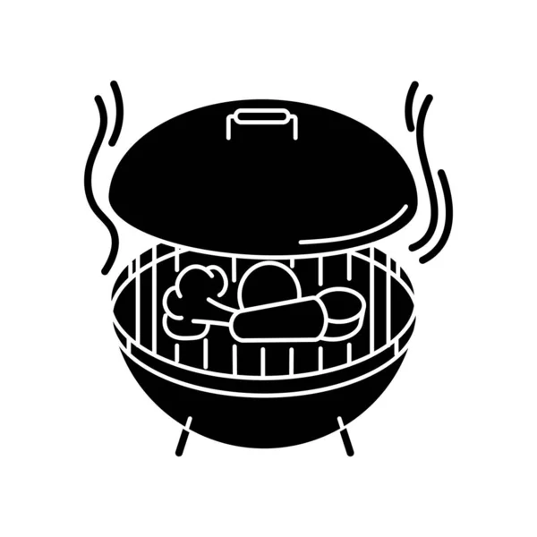 黒のグリフアイコンをグリルします バーベキュー準備プロセス 加熱グリッド上の料理 料理法 白い空間にピクニックシルエットのシンボル ロースト野菜と肉ベクトル絶縁イラスト — ストックベクタ