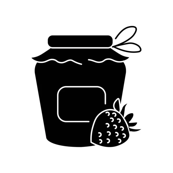 瓶装黑色字形图标 自制果子酱 美味的糕点制作工艺 白色空间上的罐头轮廓符号 甜草莓果酱罐病媒分离说明 — 图库矢量图片