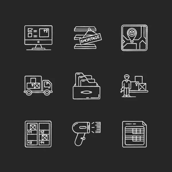 Inventory Control Bookkeeping Chalk White Icons Set Black Background Spreadsheets — Stock Vector