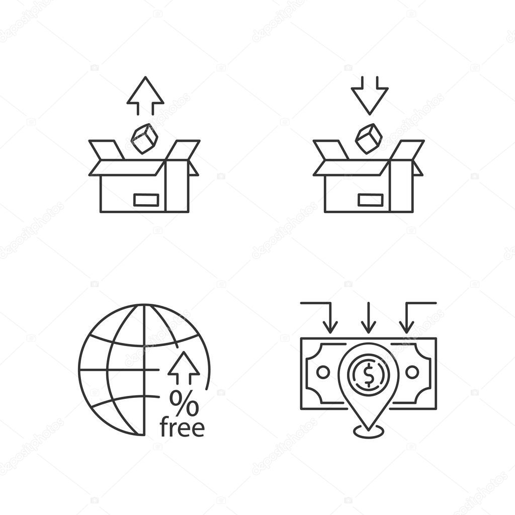 International trade, customs taxes pixel perfect linear icons set. Tariffs and foreign direct investment. Customizable thin line contour symbols. Isolated vector outline illustrations. Editable stroke