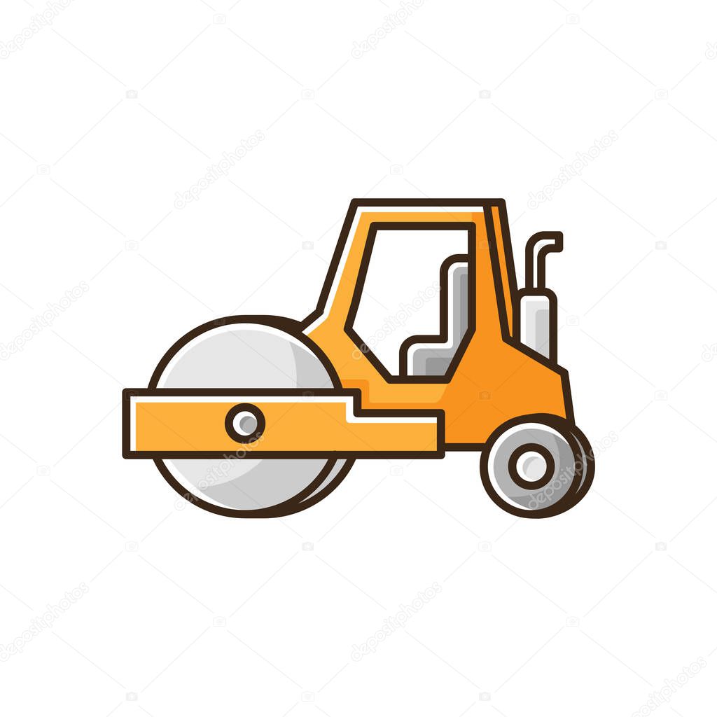 Road roller RGB color icon. Compactor type vehicle for construction works. Roadworks transportation. Heavy machinery for paving. Surfacing works machinery. Isolated vector illustration