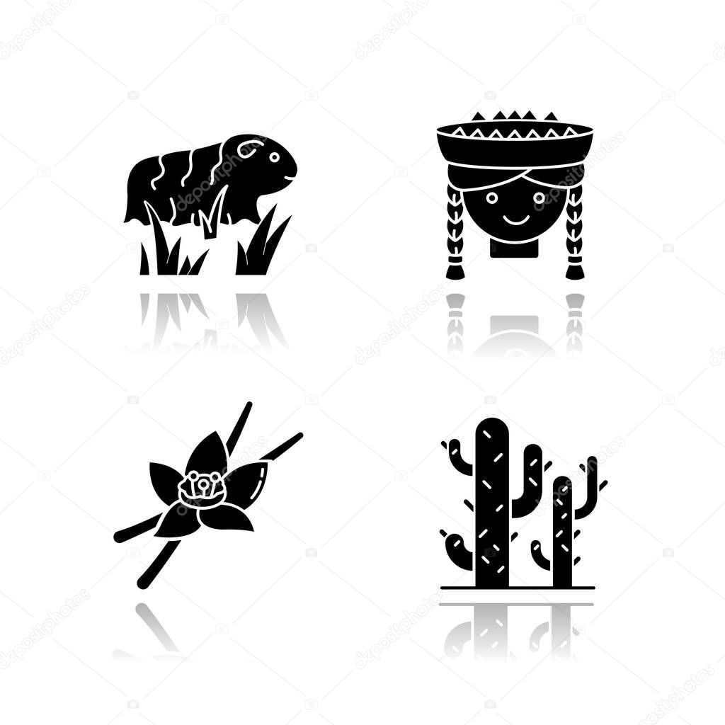 Peru drop shadow black glyph icons set. Incas country features. Guinea pig, peruvian girl, vanilla, cactuses. Andean region traditions and nature. Isolated vector illustrations on white space