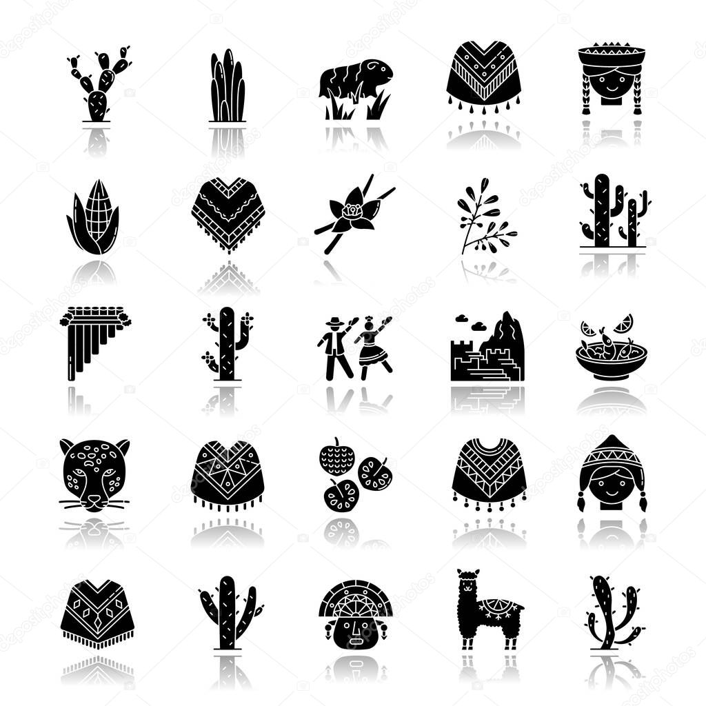 Peru drop shadow black glyph icons set. Andean country sights, traditions, cuisine, agriculture, animals. Siku, cherimoya, jaguar, incas, marinera. Isolated vector illustrations on white space