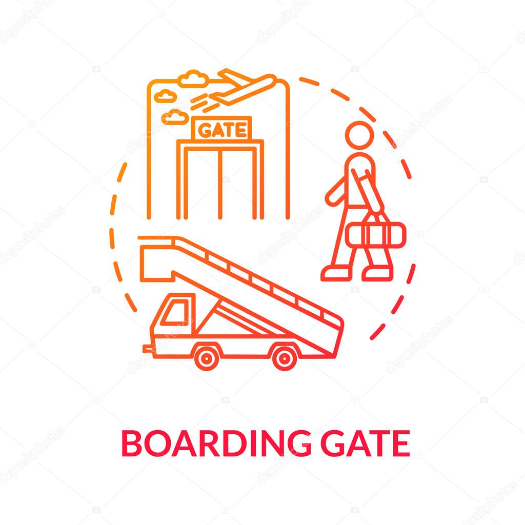 Boarding gate concept icon. Airport terminal. Airplane departure idea thin line illustration. Waiting area. Aircraft entry, jet bridge. Vector isolated outline RGB color drawing