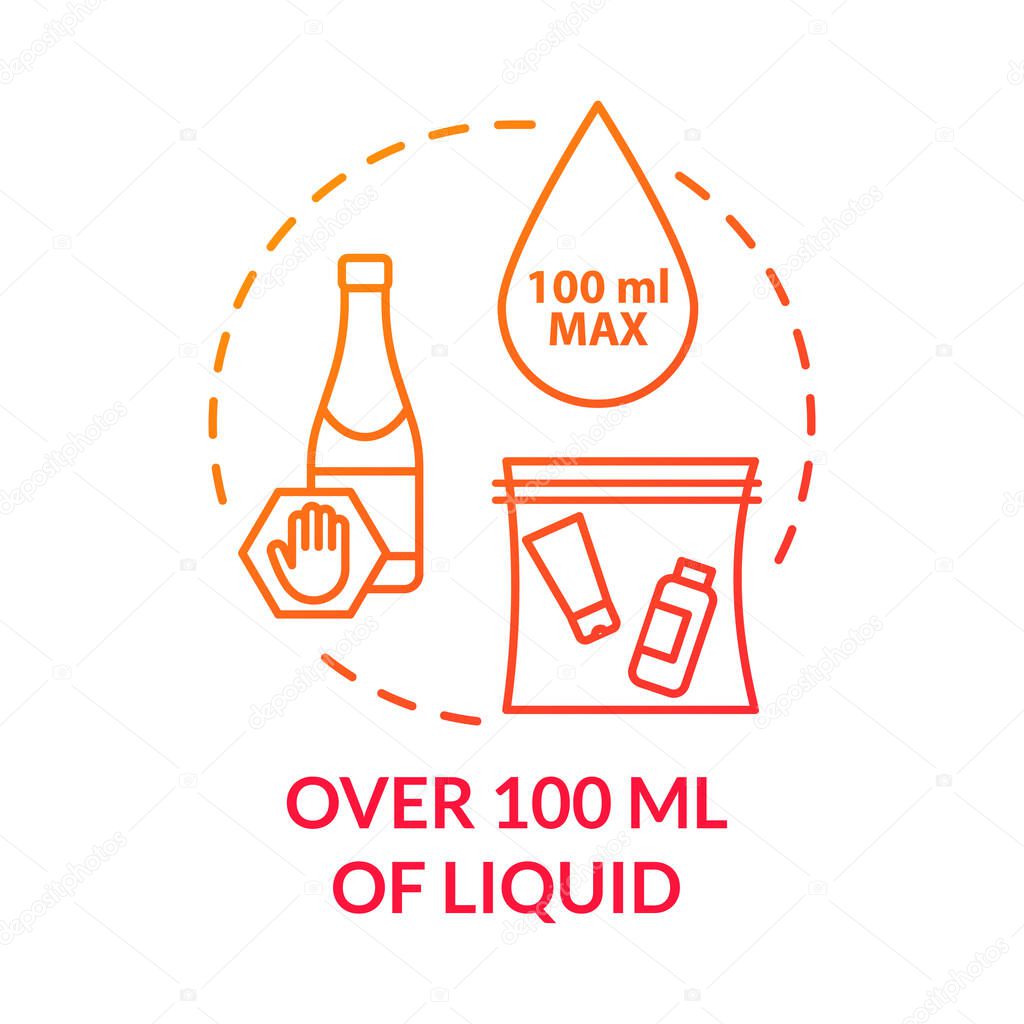 Over 100 ml of liquid concept icon. Airplane passenger hand luggage, belongings limit idea thin line illustration. Baggage control. Vector isolated outline RGB color drawing