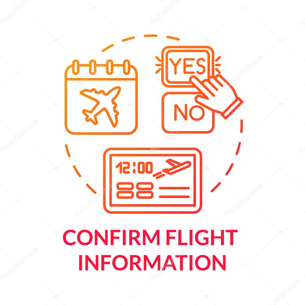Confirm flight information concept icon. Airlines Internet services idea thin line illustration. Airplane travel status confirmation. Vector isolated outline RGB color drawing
