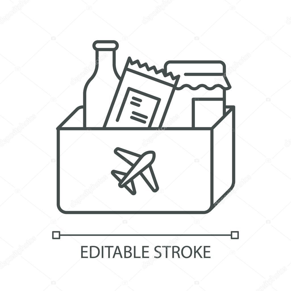 Duty free shopping pixel perfect linear icon. Products in bag from airport store. Thin line customizable illustration. Contour symbol. Vector isolated outline drawing. Editable stroke