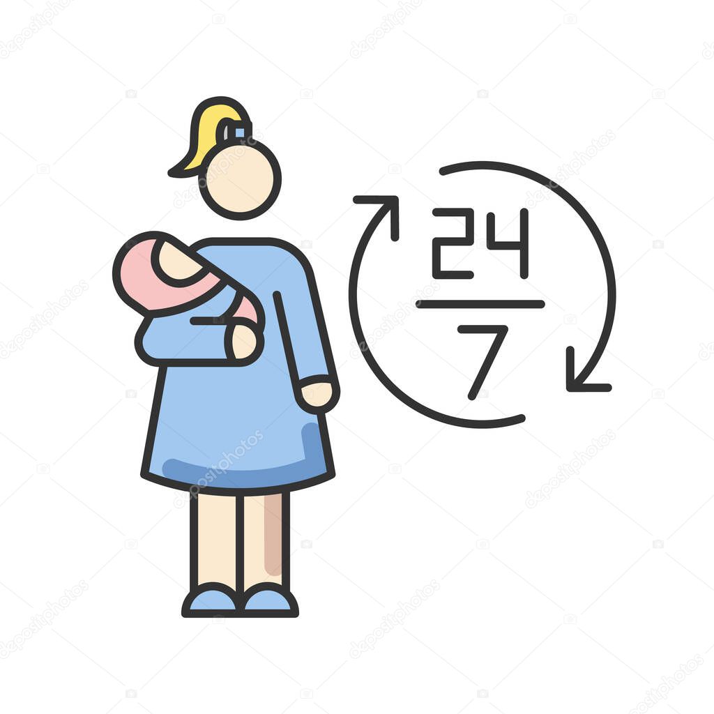 Full time babysitter RGB color icon. 24 7 help with looking after newborn kid. Babysitting services during full day. Around clock day care for assistance with kids. Isolated vector illustration