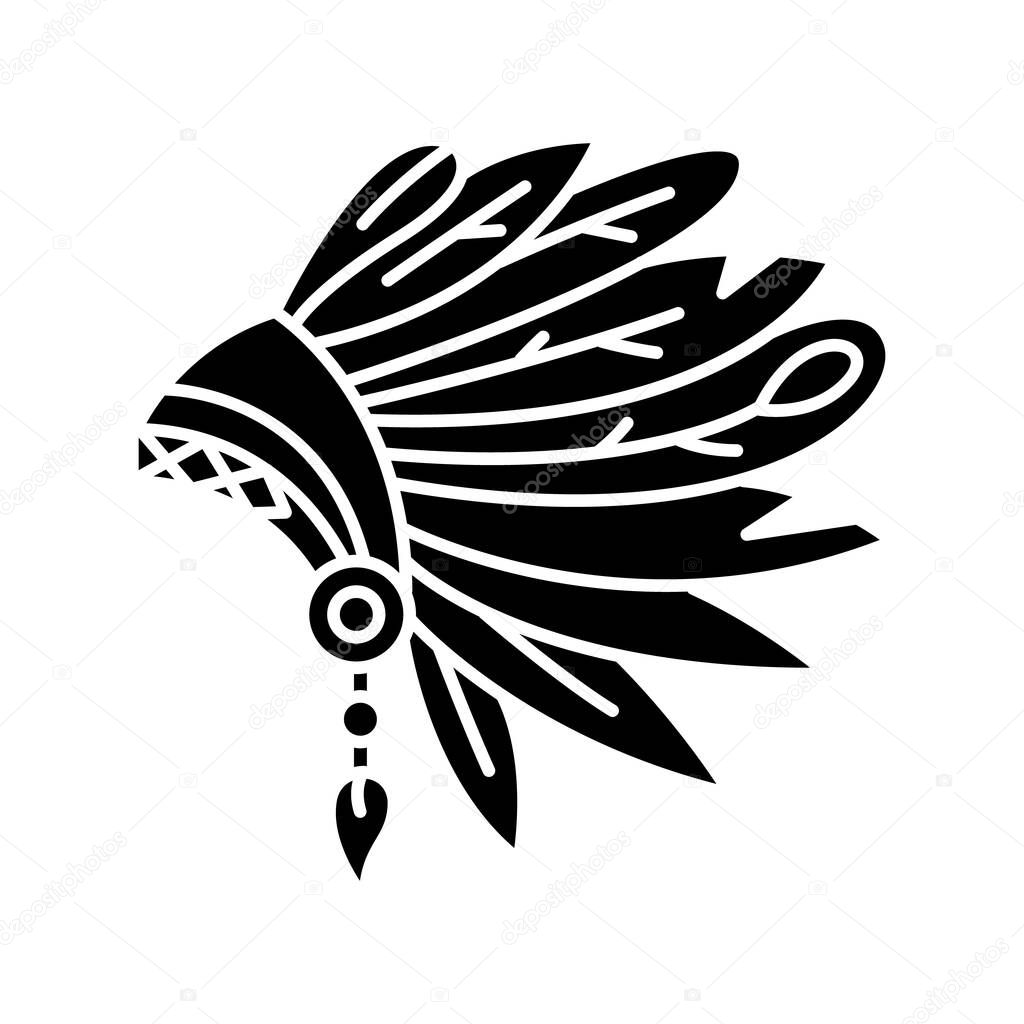 Native Indian American chief hat black glyph icon. Ethnic accessory. Ancient headdress with feathers. Antique head wear. Silhouette symbol on white space. Vector isolated illustration