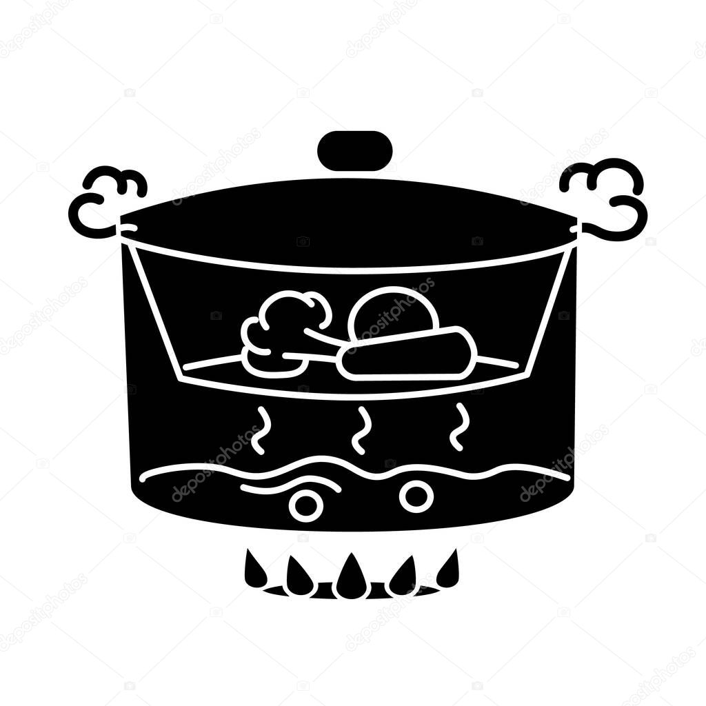 Steaming black glyph icon. Cooking food on vapor over boiling water. Meal preparation method, culinary technique silhouette symbol on white space. Steamer with vegetables vector isolated illustration