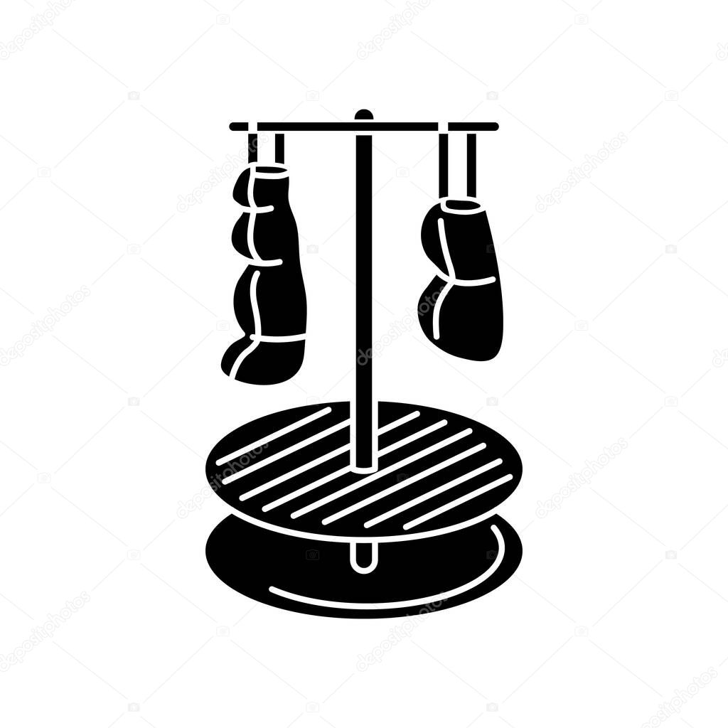 Food smocking black glyph icon. Flavoring and preserving products. Rustic cooking method, culinary technique silhouette symbol on white space. Meat hanging on smoker vector isolated illustration