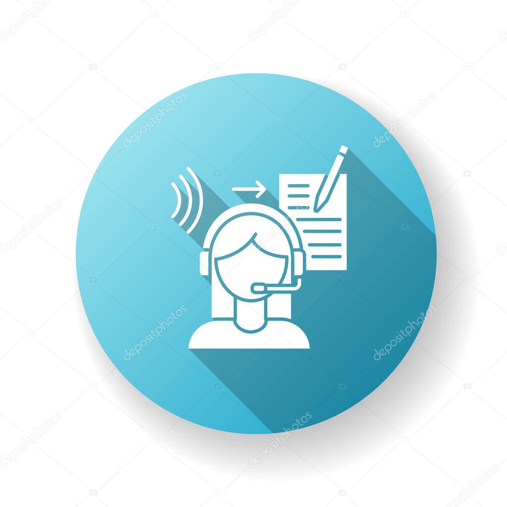Transcription blue flat design long shadow glyph icon. Listening and translation, foreign language representation, audio records conversion into text. Silhouette RGB color illustration