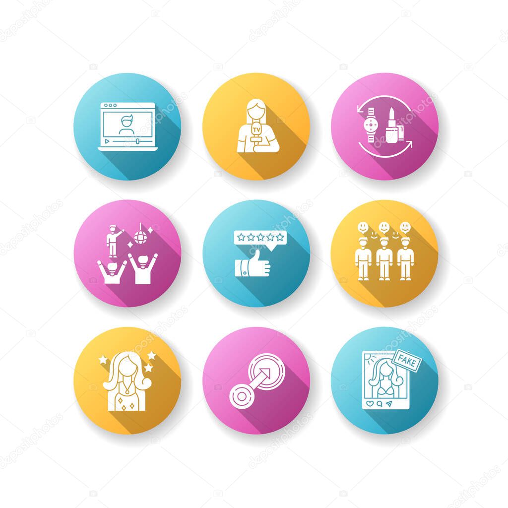 Social media promotion flat design long shadow glyph icons set. Vlogger influencer. Female journalist with microphone. Fake celebrity social media account. Silhouette RGB color illustration