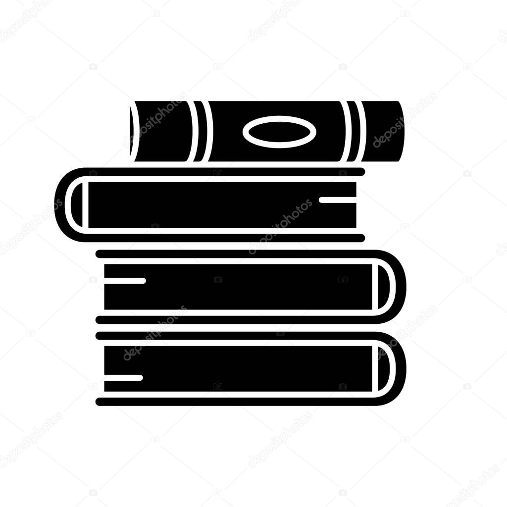 Book pile black glyph icon. Stack of hardcover textbooks. School assignment. Self education. Teach and study. Library collection. Silhouette symbol on white space. Vector isolated illustration