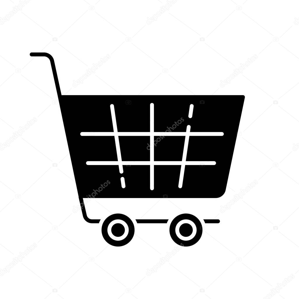 Shopping cart black glyph icon. Supermarket trolley. Online purchase. Convenience store basket. Buy product in mall. Grocery checkout. Silhouette symbol on white space. Vector isolated illustration