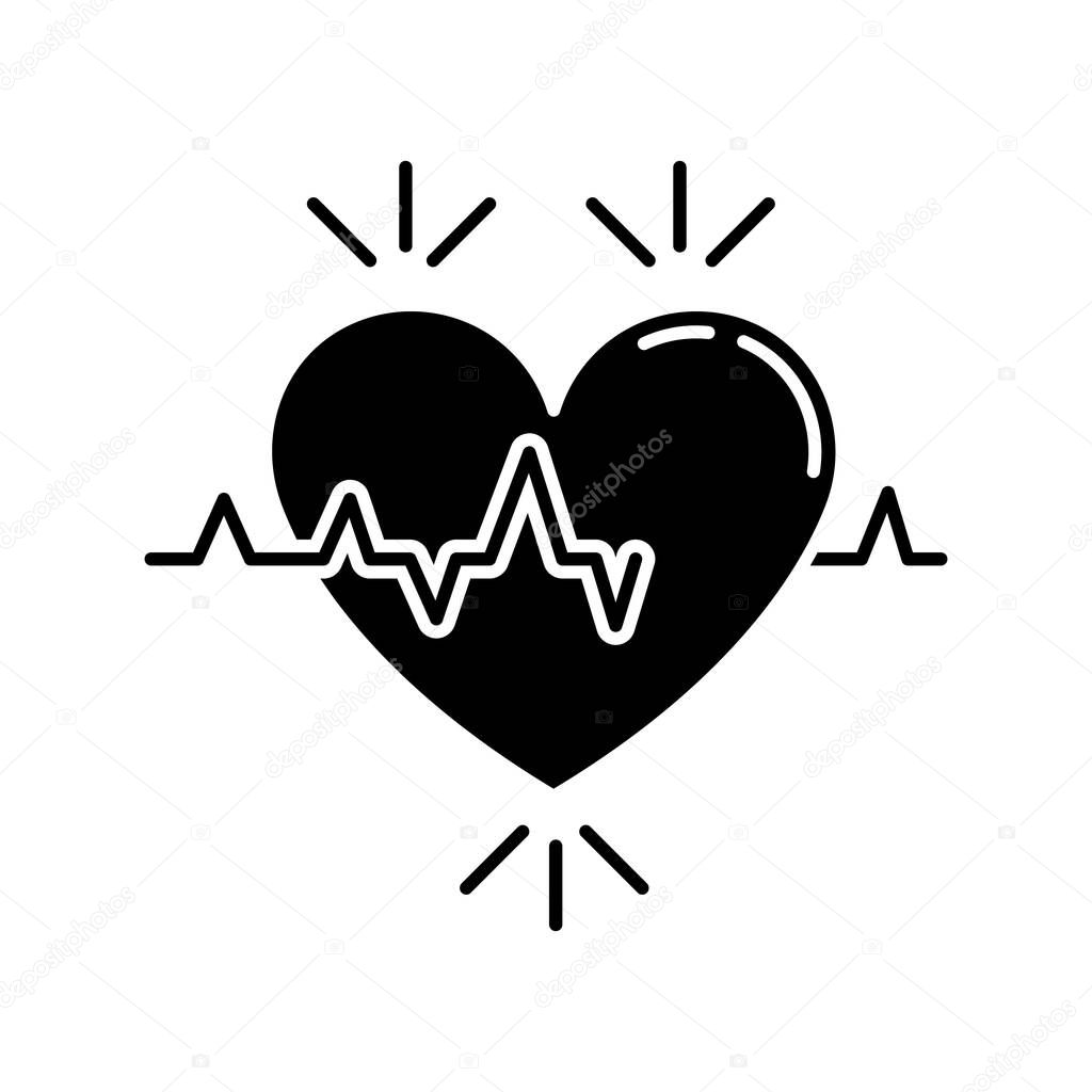Heart black glyph icon. Pulse rate. Heartbeat rhythm. Cardiogram frequency analysis. Vital signs. Cardio health care. Medical tests. Silhouette symbol on white space. Vector isolated illustration