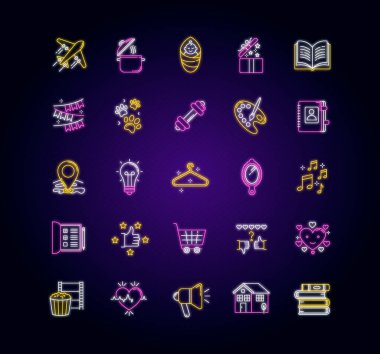 Sağlıklı yaşam tarzı neon ışık simgeleri ayarlandı. Seyahat ve turizm. Yemek tarifi. Açık hediye. Spor salonu egzersizi. Yaratıcı hobi. Dış ışık efektli işaretler. Vektör izole edilmiş RGB renk çizelgesi