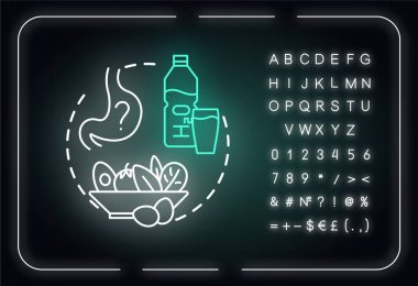 Neon ışığı konsept ikonunu aç bırakma. Şarap tatma tavsiyesi. Alfabe, sayılar ve sembollerle parlayan bir işaret. Degulasyonlar arasında su içmek. Vektör izole edilmiş RGB renk çizimi
