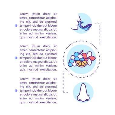 Metinli taze koku konsepti simgesi. Doğal yiyecekler. Organik meyveler. Güzel bir koku. Burun kokusu. PPT sayfa vektör şablonu. Broşür, dergi, kitapçık tasarım ögesi doğrusal çizimler