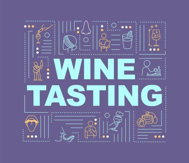Şarap tatma kelimesi pankartı kavramlaştırır. Kıyafet yönetmeliği için tavsiye. Bar etkinliği. Mavi arkaplanda doğrusal simgeleri olan bilgi grafikleri. İzole tipografi. Vektör çizgisi RGB renk çizimi