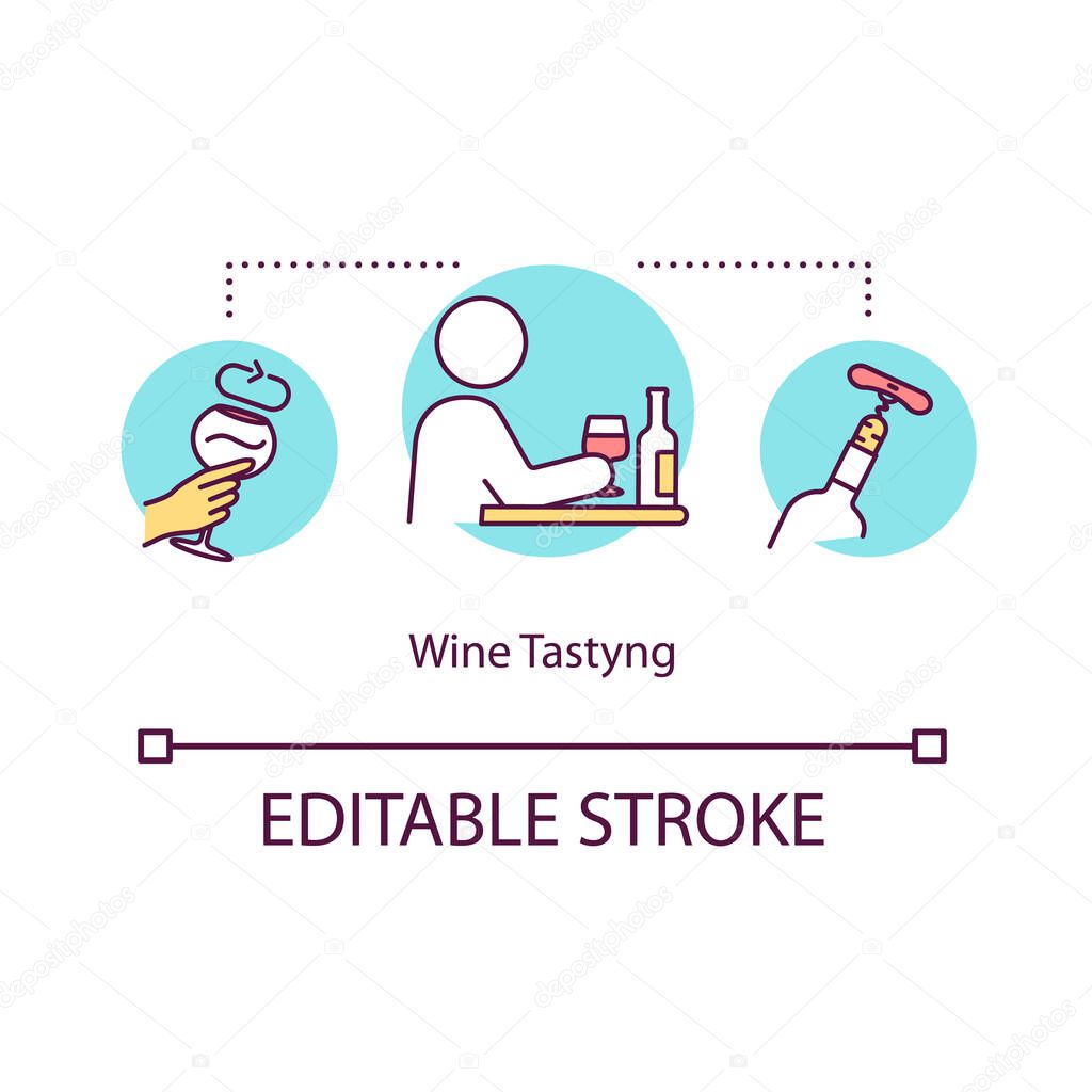 Wine tasting concept icon. Winetasting event at restaurant. Try alcohol beverage. Expert sommelier guide idea thin line illustration. Vector isolated outline RGB color drawing. Editable stroke