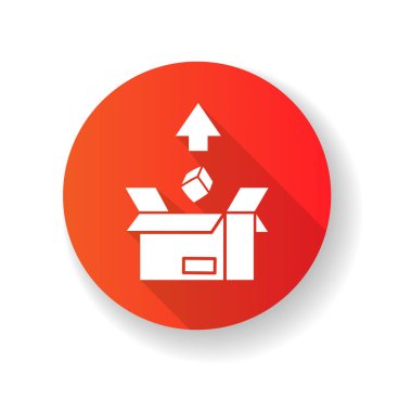 Kırmızı düz dizayn, uzun gölge simgesi aktar. Karton kutuda ticari eşyalar. Posta, lojistik, paket gönderme. Ticaret, uluslararası teslimat servisi. Siluet RGB renk çizimi