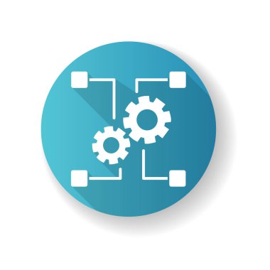 Dış kaynak mavi düz tasarım uzun gölge simgesi. Üretim sistemi, endüstri. Çalışanların ve üretim varlıklarının nakli, şirketlerin işbirliği. Siluet RGB renk çizimi